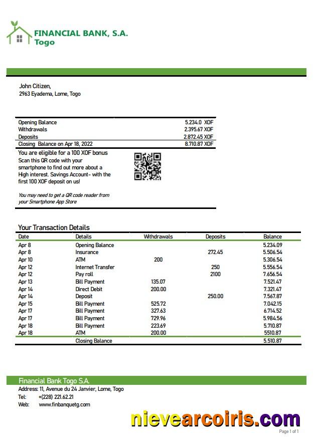 Togo Financial Bank statement